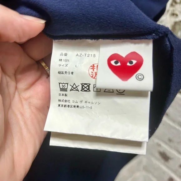 Play Comme des Garcons Navy Blue Women’s s
Size Large T-Shirt with Heart Patch - Picture 2 of 6